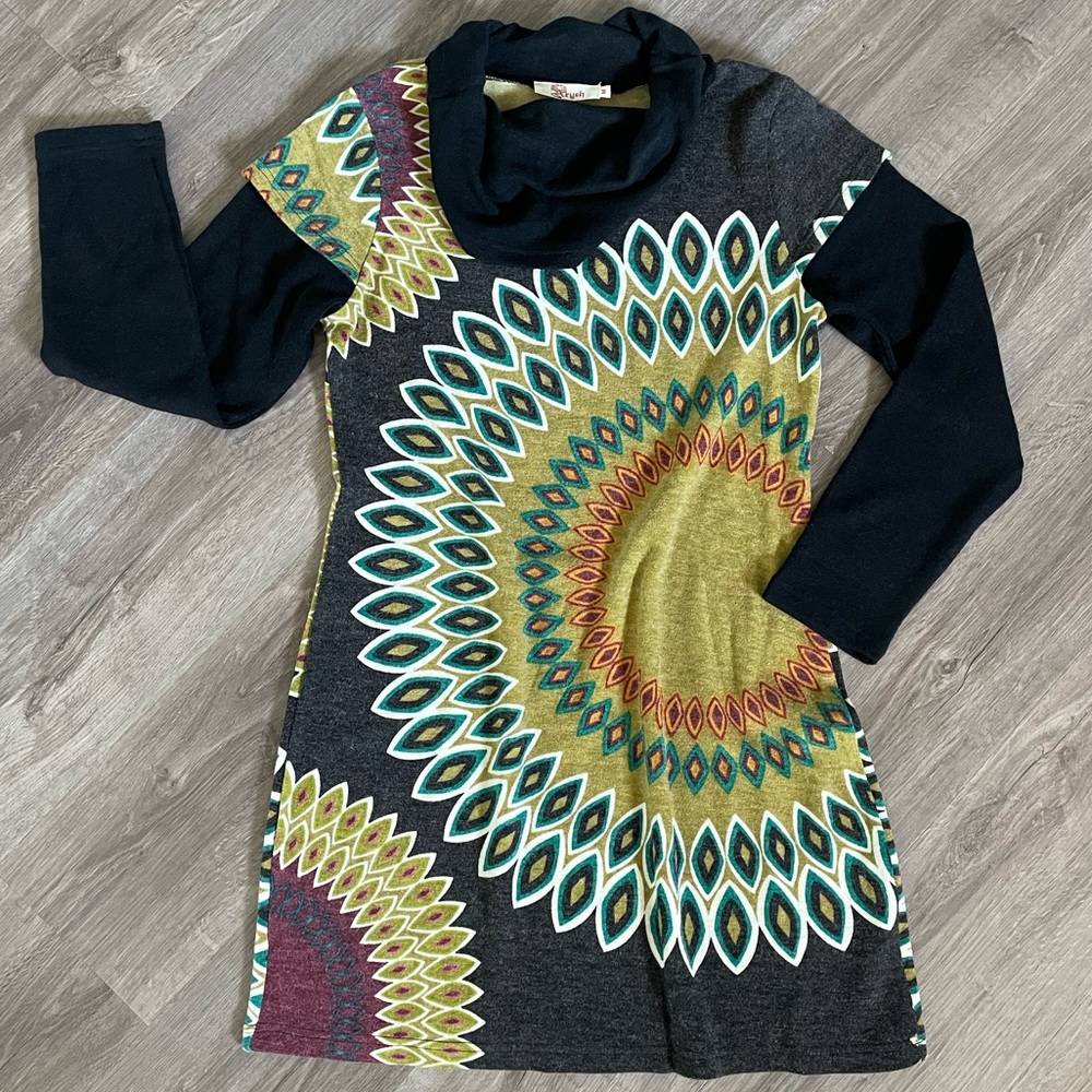 Medallion Cowl Neck Sweater Dress
